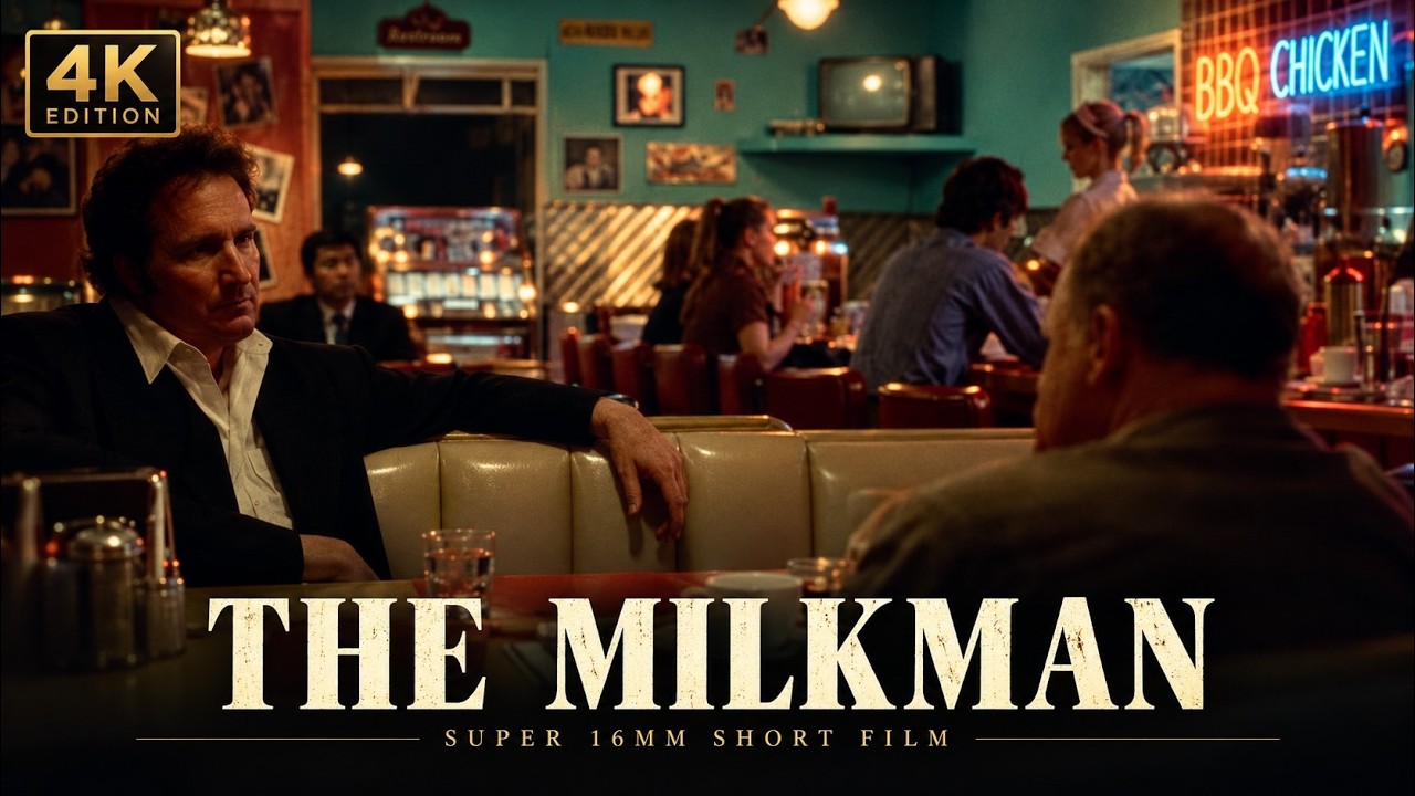 The Milkman: two men in a warmly lit diner, Super 16mm short film